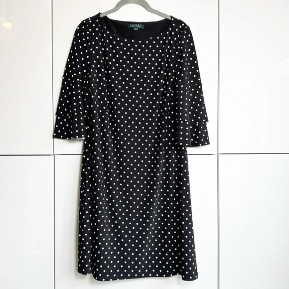 Lauren Ralph Lauren Black Dress Polka Dots Size 6 Liquid Knit Flutter Sleeves - Picture 1 of 8